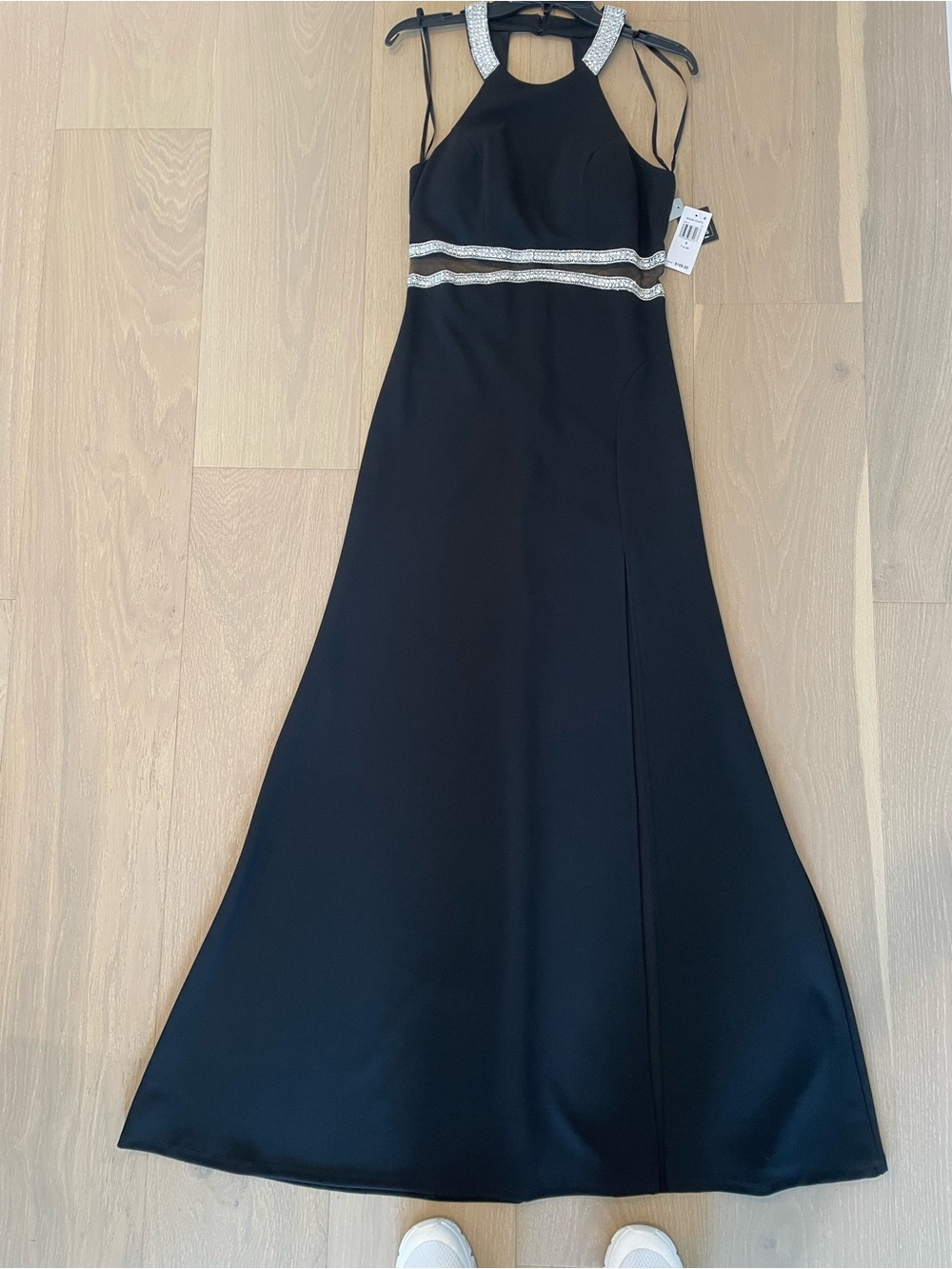 Sequin Hearts Black Halter Maxi Dress with Silver Beading